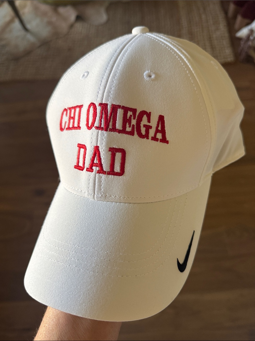 Nike White Baseball Cap with Red Chi Omega Dad Embroidery